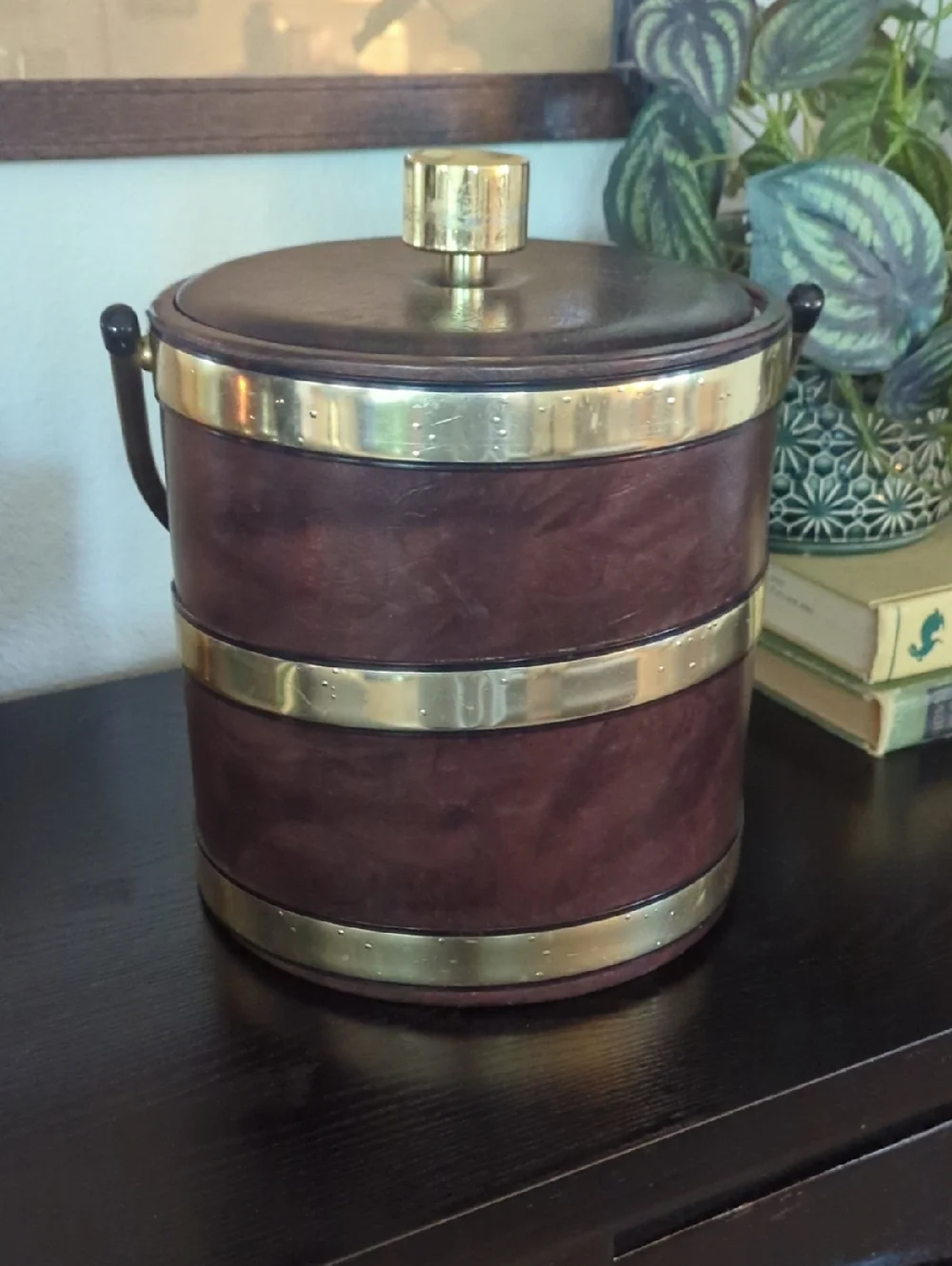 Vintage Brown Leather Ice Bucket with Brass Trim